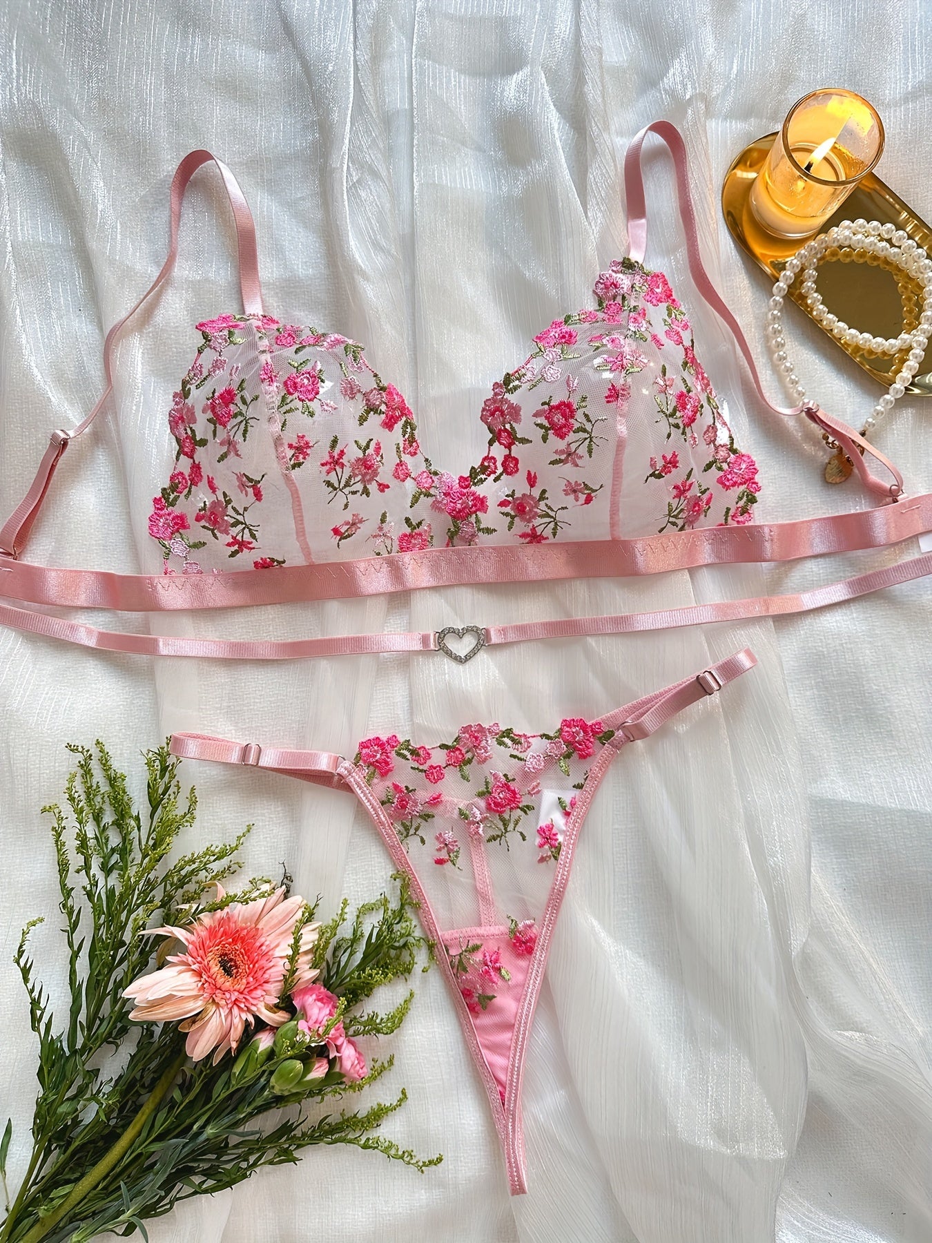 Floral Embroidery Lingerie Set, Cut Out Unlined Bra & Mesh Thong, Women's Sexy Lingerie & Underwear