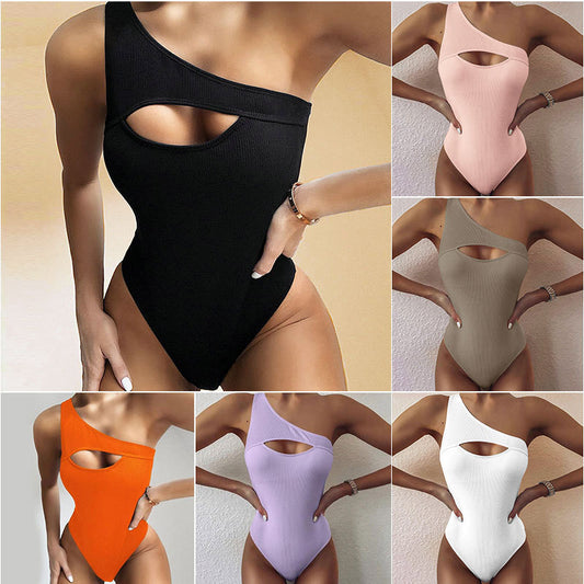 Bikini Solid Color One-shoulder One-piece Swimsuit