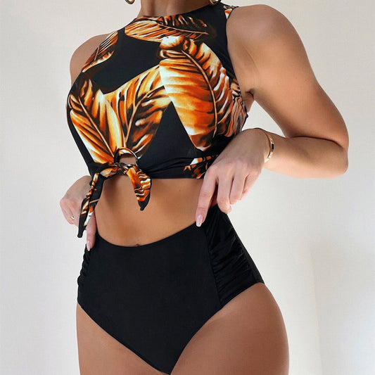 Leaf Print Bikini Women's High Waist Tank Top Split Swimsuit