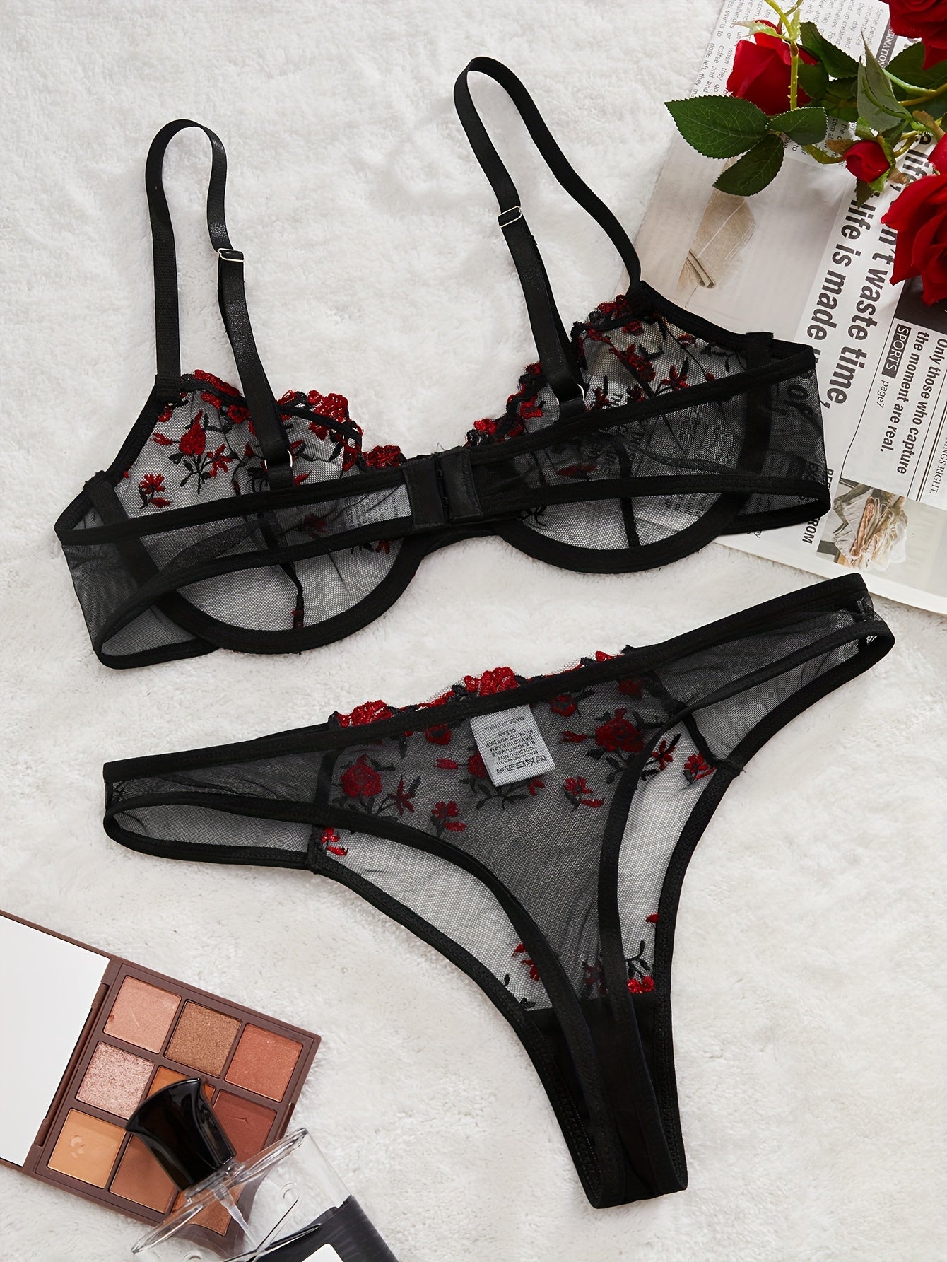 Floral Embroidery Lingerie Set, Sheer Bow Tie Unlined Bra & Mesh Thong, Women's Sexy Lingerie & Underwear