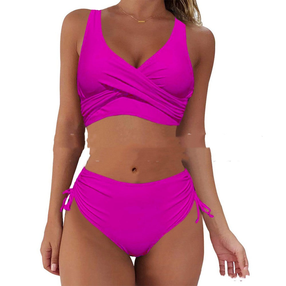 Solid Color Cross Bandage Swimsuit Split Bikini