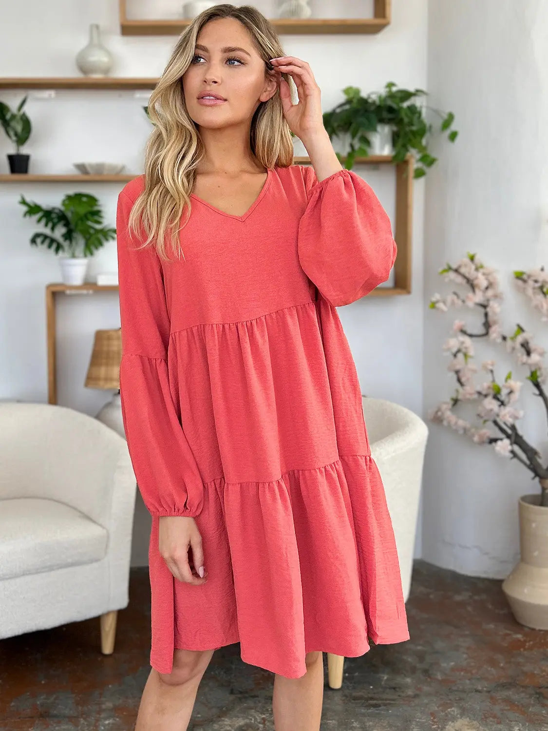 Double Take Full Size V-Neck Balloon Sleeve Tiered Dress with Pockets - Image #14