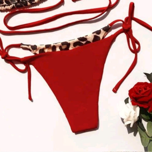 Women's Leopard Print Split Swimsuit Halter Lace-up Bikini Suit