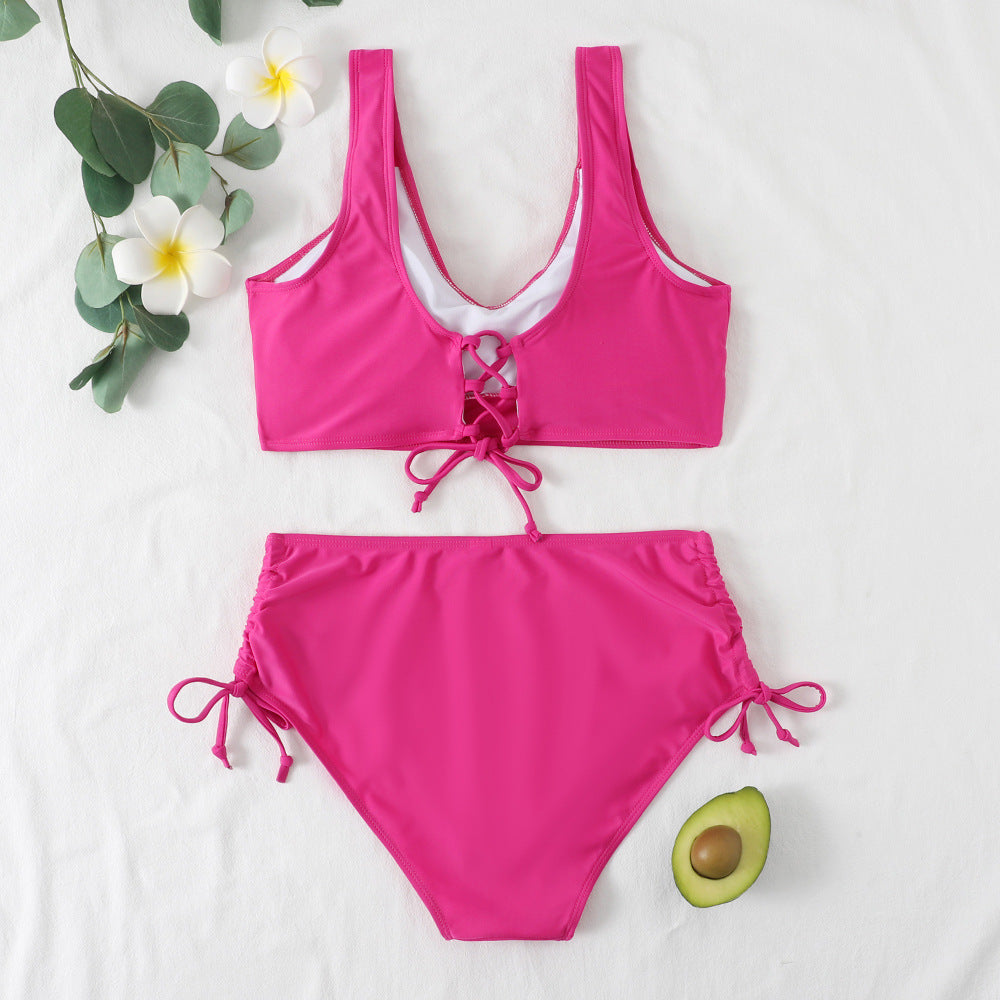 Solid Color Cross Bandage Swimsuit Split Bikini