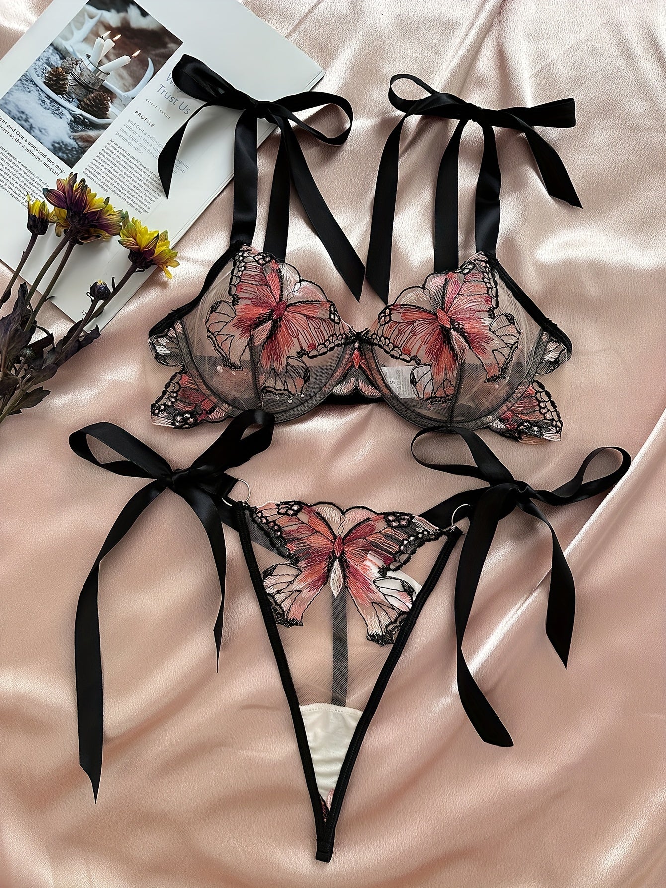 Butterfly Embroidery Lingerie Set, Unlined Mesh Bra & Strappy Thong, Women's Sexy Lingerie & Underwear