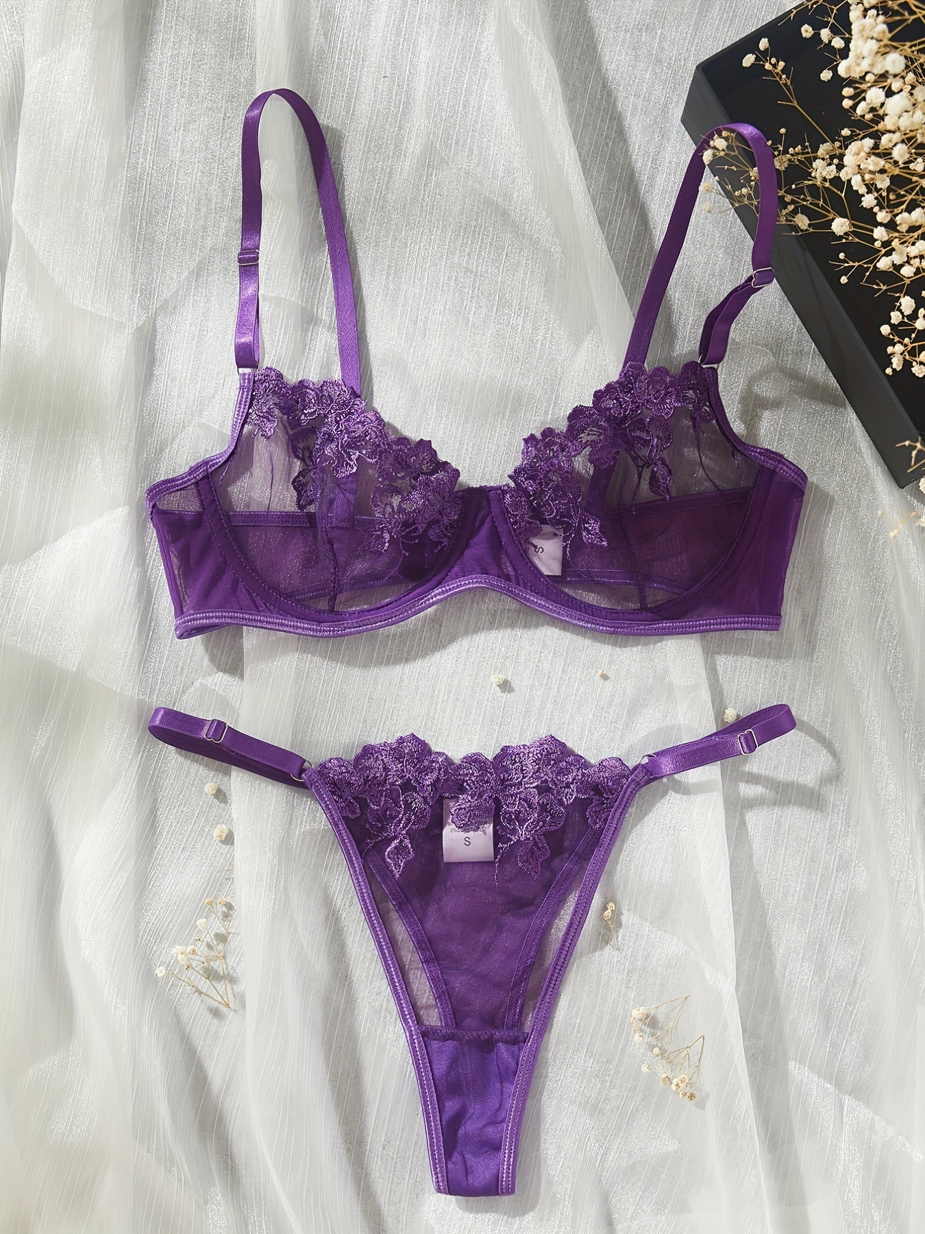 Floral Embroidery Lingerie Set, Mesh Unlined Bra & Thong, Women's Lingerie & Underwear