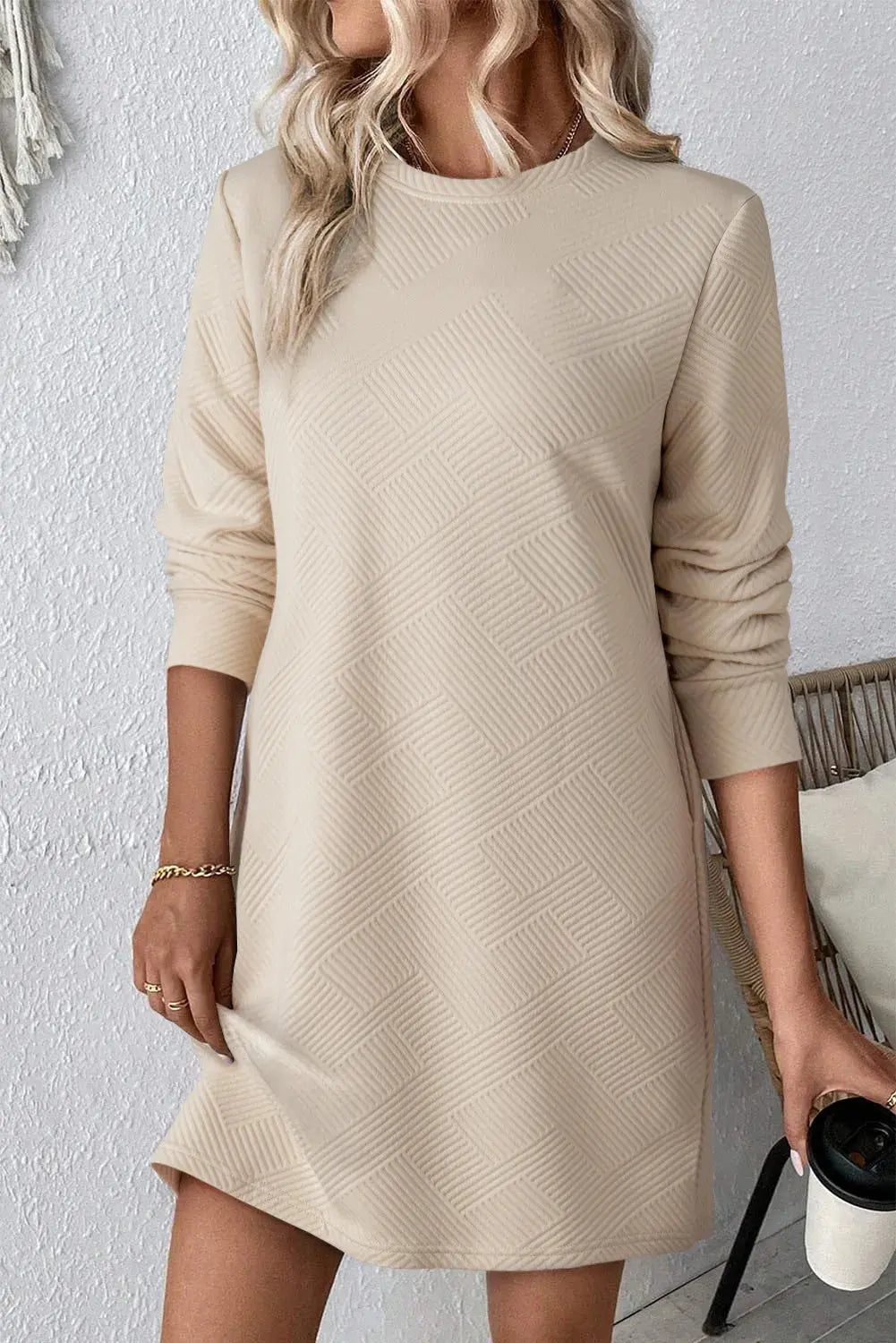 Textured Round Neck Long Sleeve Mini Dress - Image #5