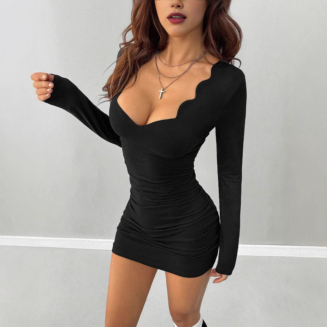 Wave Collar Ruffled Dress