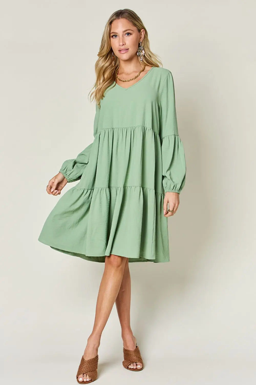 Double Take Full Size V-Neck Balloon Sleeve Tiered Dress with Pockets - Image #24