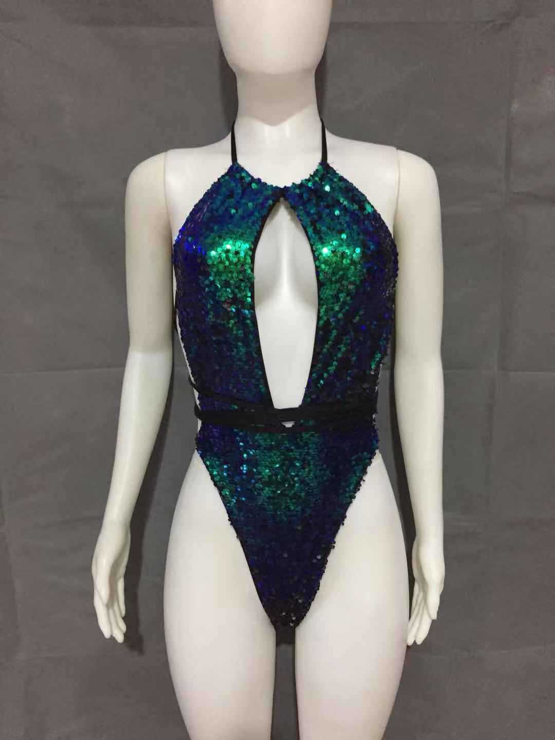 Sexy Strappy One-piece Swimsuit Halterneck Sequin Bikini