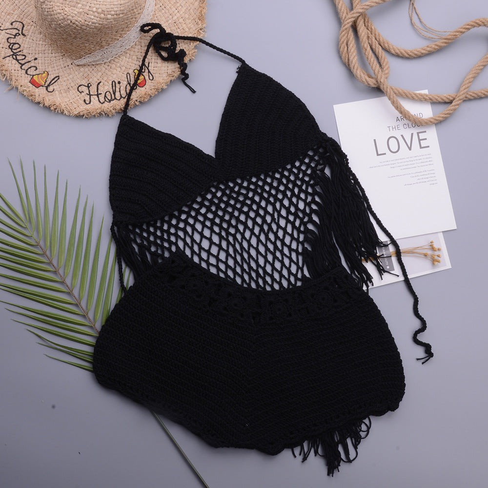 Hollow Crochet Tassel Strap Top Split Swimsuit