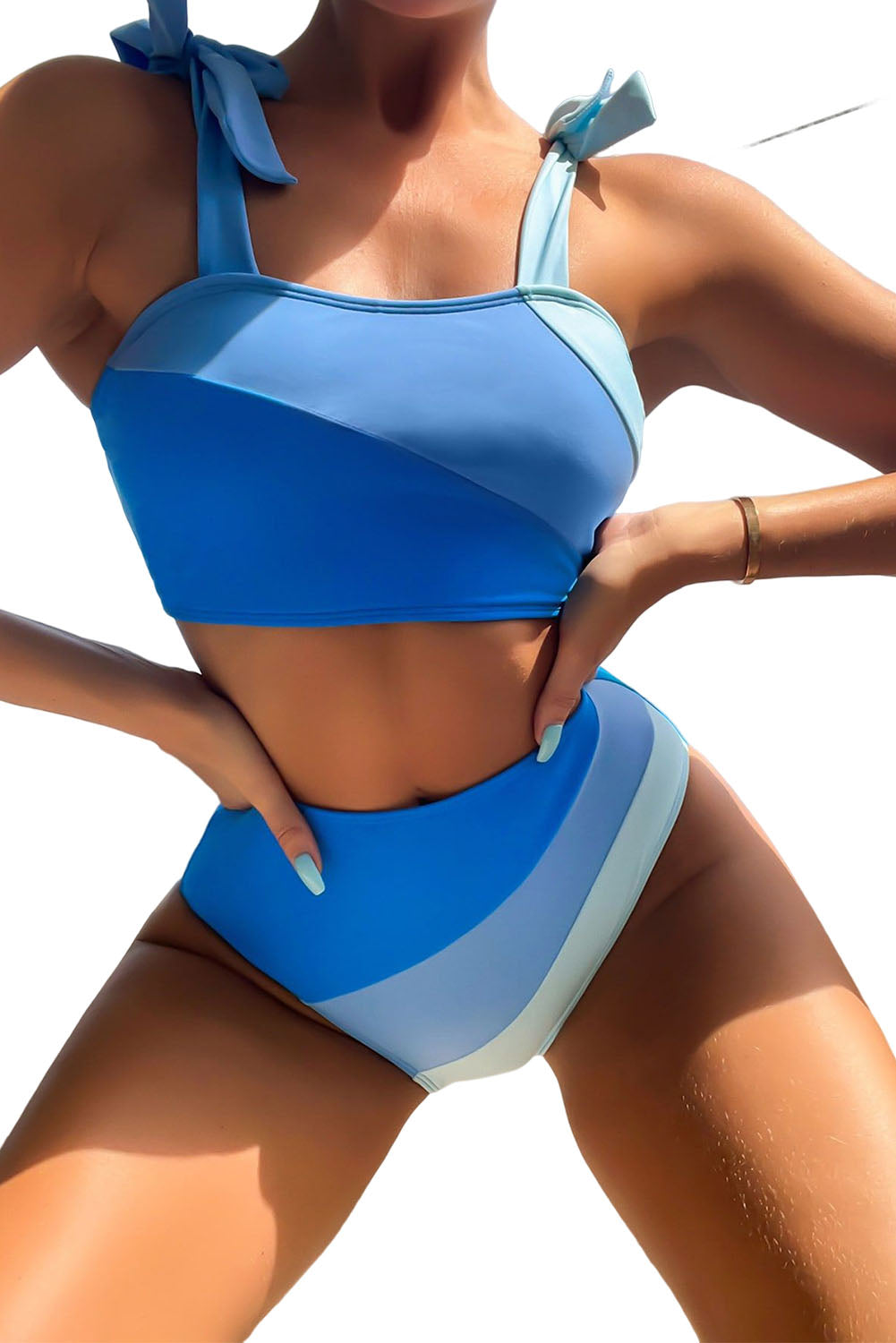 Sky Blue Ombre Color Block Tie Shoulder Bikini High Waist Swimsuit