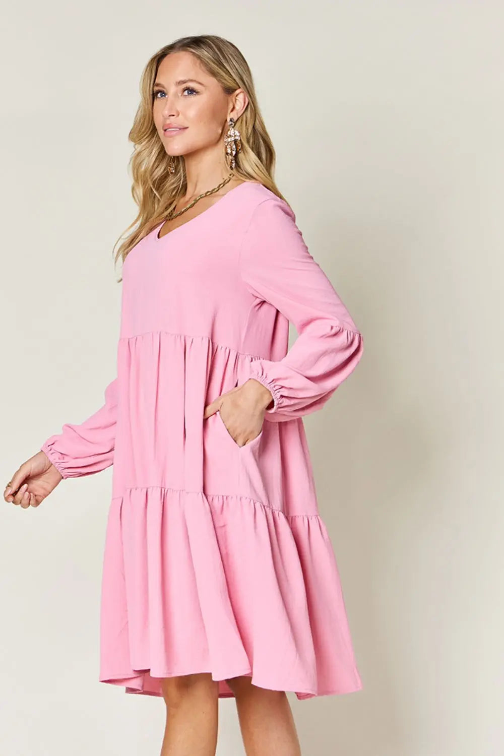 Double Take Full Size V-Neck Balloon Sleeve Tiered Dress with Pockets - Image #3