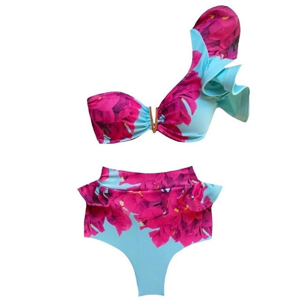 Big Ruffle Tie Bikini Print Swimsuit