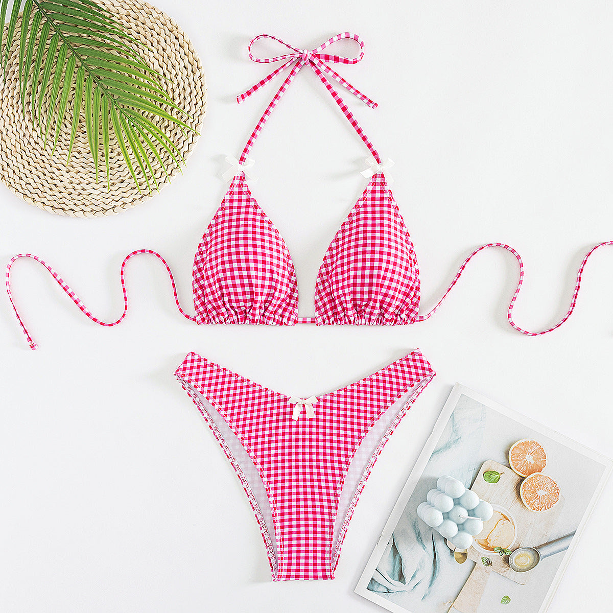 Split Plaid Printed Banded Bikini Swimsuit