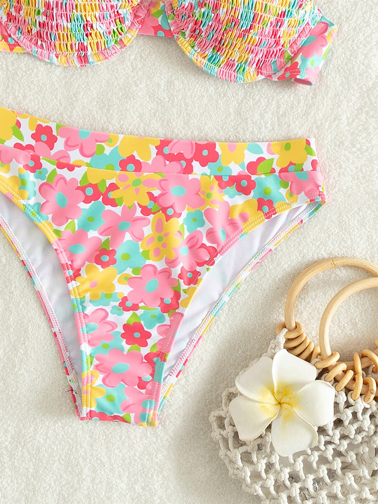 Floral Print Pleating Underwire Bikini Swimsuit