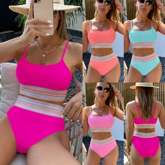 Split Triangle High Waist Pure Color Strap Bikini