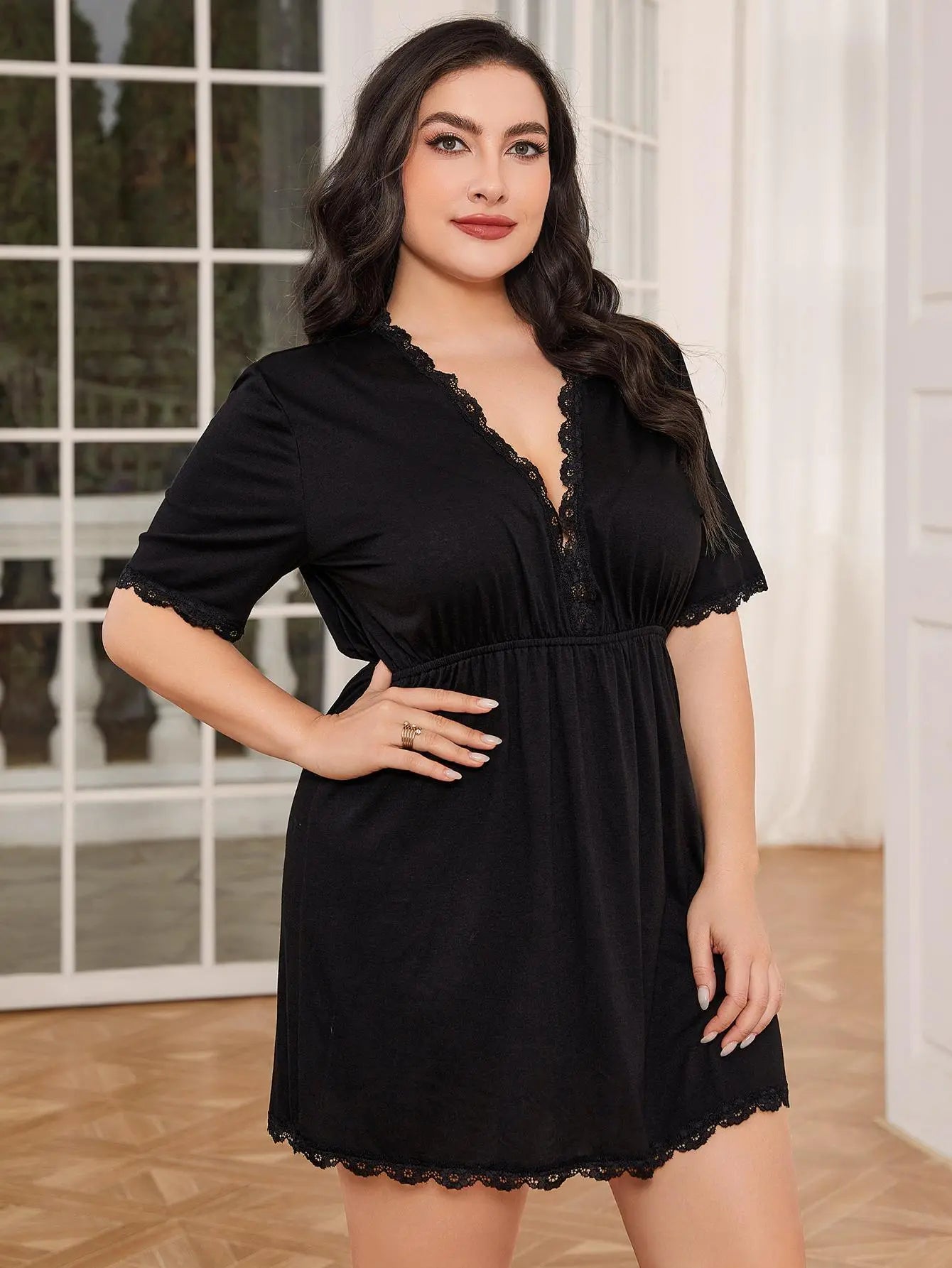 Plus Size Lace Trim Deep V Night Dress - Image #1