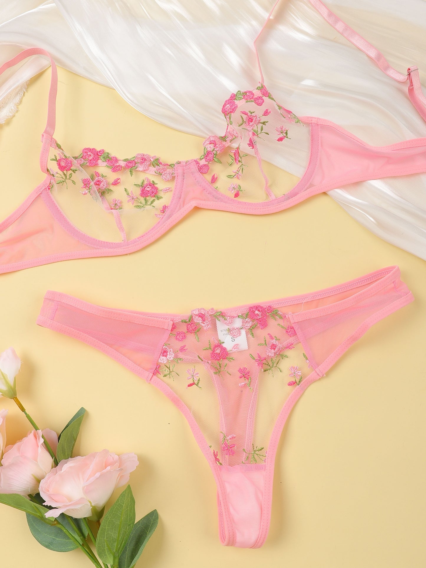 Floral Embroidery Lingerie Set, Mesh Unlined Bra & Thong, Women's Sexy Lingerie & Underwear