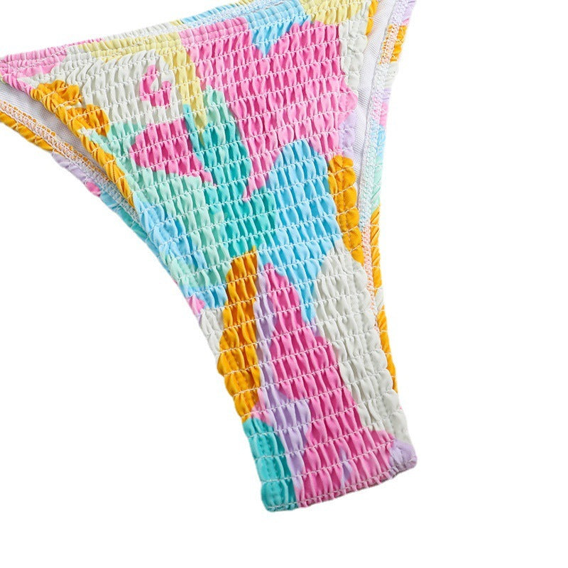 Triangle Bag Bikini Women's Split Printed Smocking Craft Swimming Suit