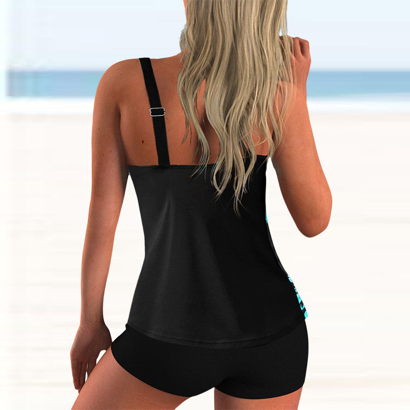 Women's Contrast Color Split Thin Shoulder Strap Beautiful Back Swimsuit