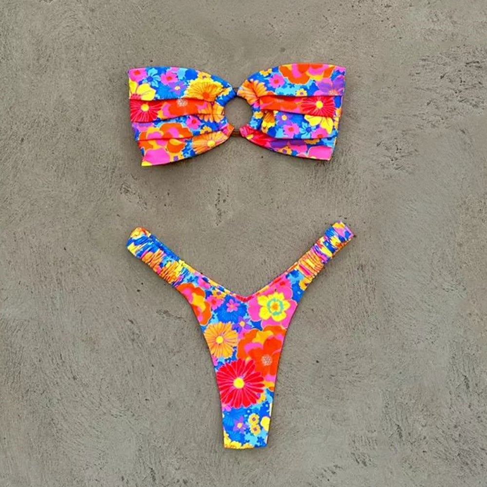 New Women's Printed Pleating Bikini Swimsuit