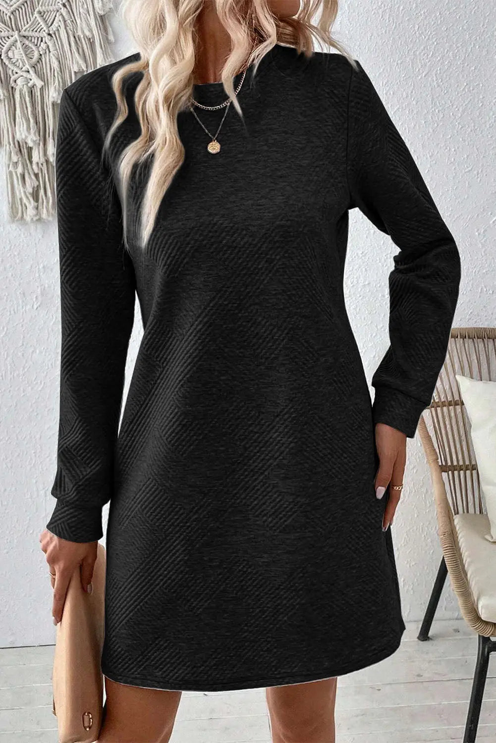 Textured Round Neck Long Sleeve Mini Dress - Image #8