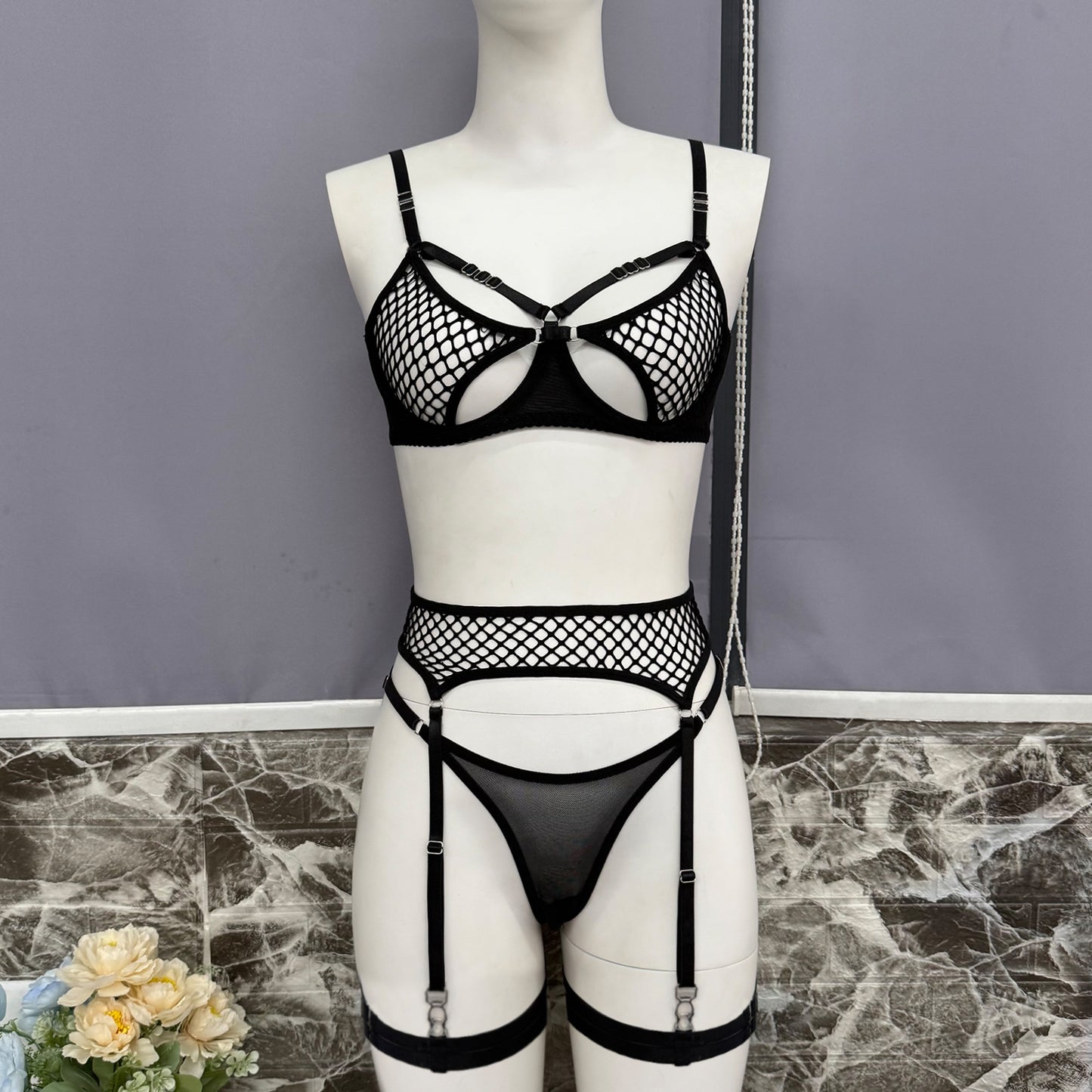 Three-piece Fishnet Lingerie Set