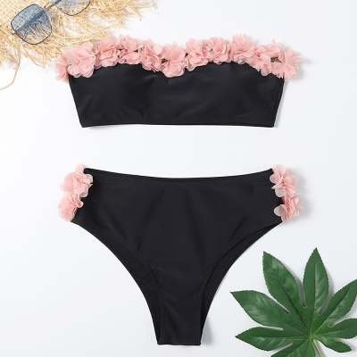 Split Tube Top Pure Color Bikini Lace Swimsuit