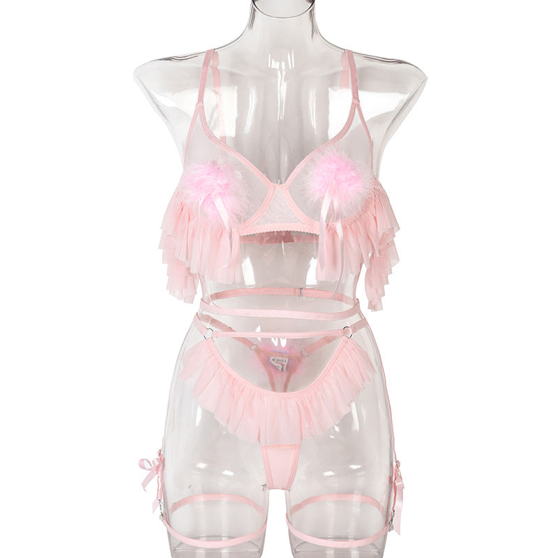 Pompons Pleated Skirt See-through Comfortable Mesh Lingerie Set