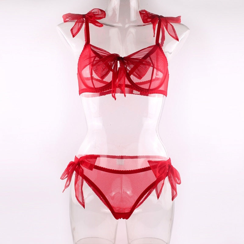 Red Mesh Bra Bow Bandage See-through Sexy Lingerie Set