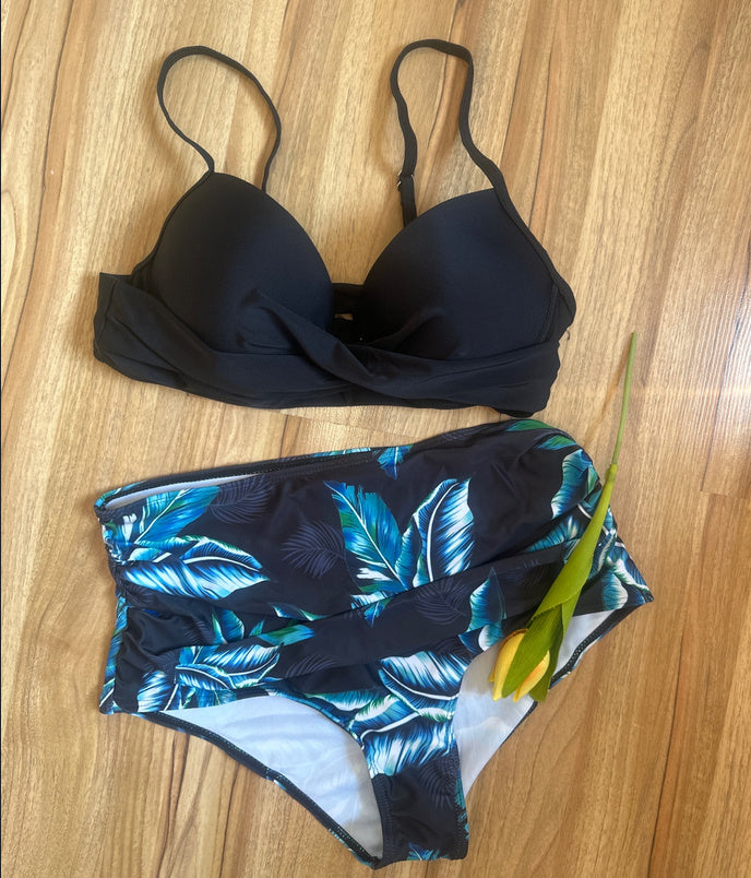 Steel Bracket Push Up High Waist Slim And Sexy Printed Split Bikini