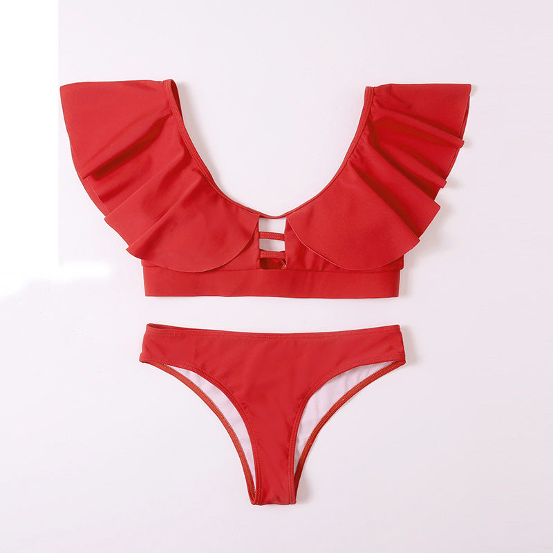 Ruffle Solid Tie Bikini Split Ladies Swimwear