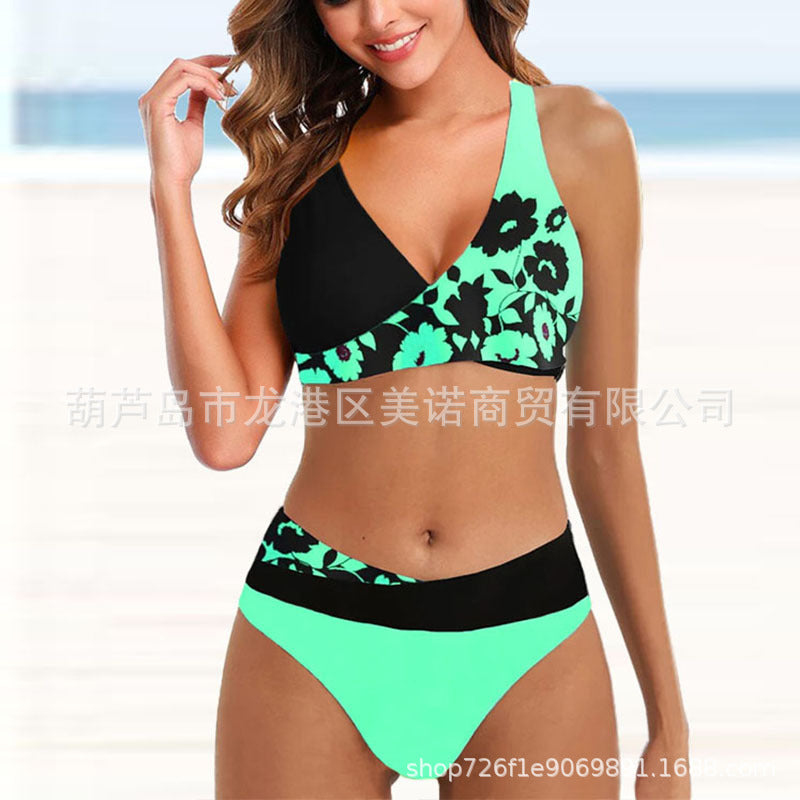 Swimsuit Women's Split Triangle Women's Halter Lace-up Bikini Print