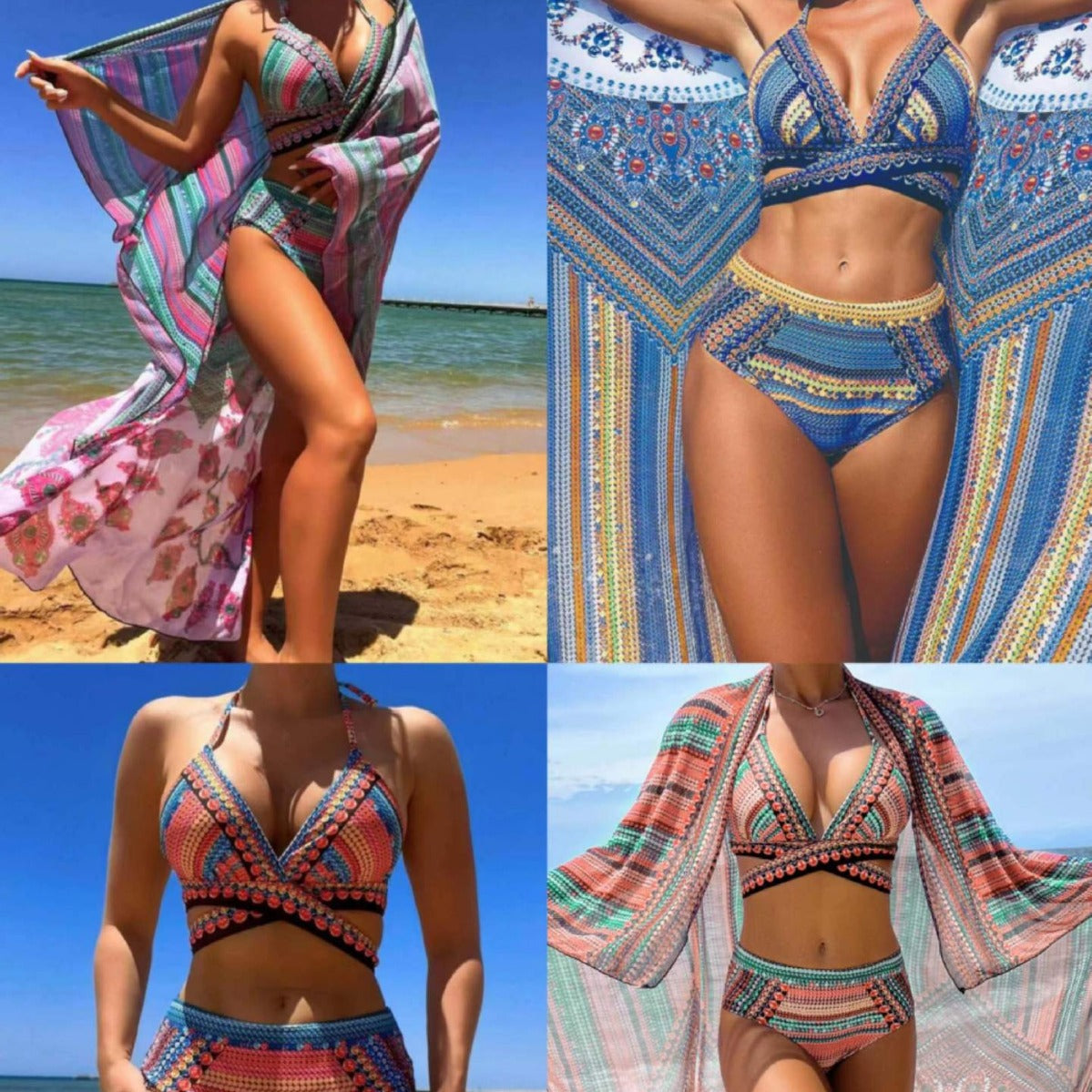 Bikini Cross Bandage Swimsuit High Waist Veils Split Three-piece Suit