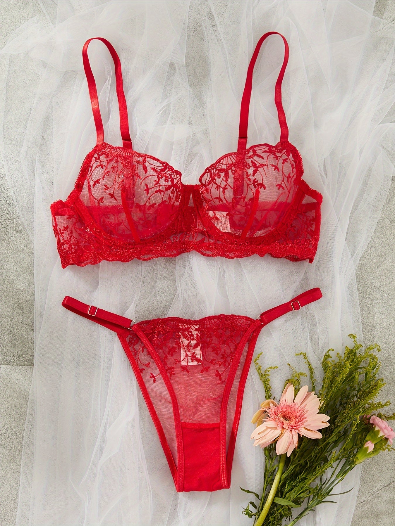 Floral Embroidery Lingerie Set, Sheer Unlined Bra & Mesh Thong, Women's Sexy Lingerie & Underwear