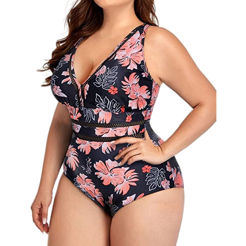 Women's Plus Size Siamese Swimming Mesh Fabric Stitching Printing Plus-sized Swimsuit Bikini