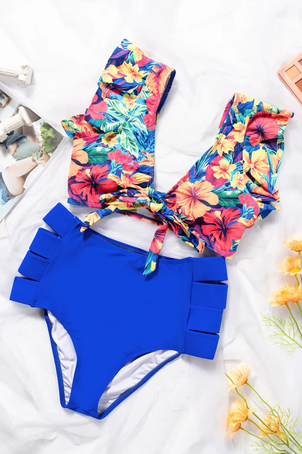 Floral Print Front Tie High Waist Bikini Swimsuit with Ruffles - Image #8