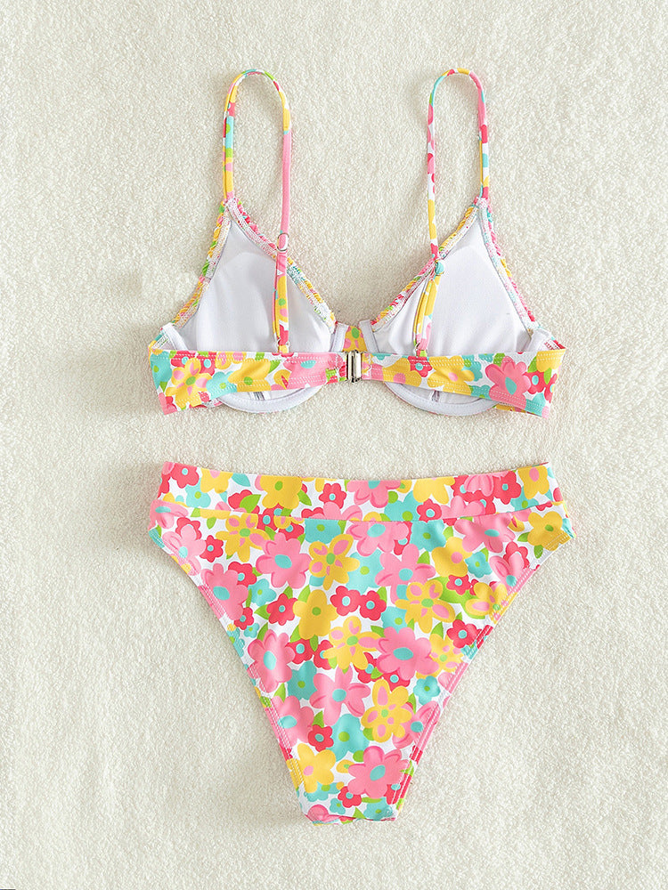 Floral Print Pleating Underwire Bikini Swimsuit