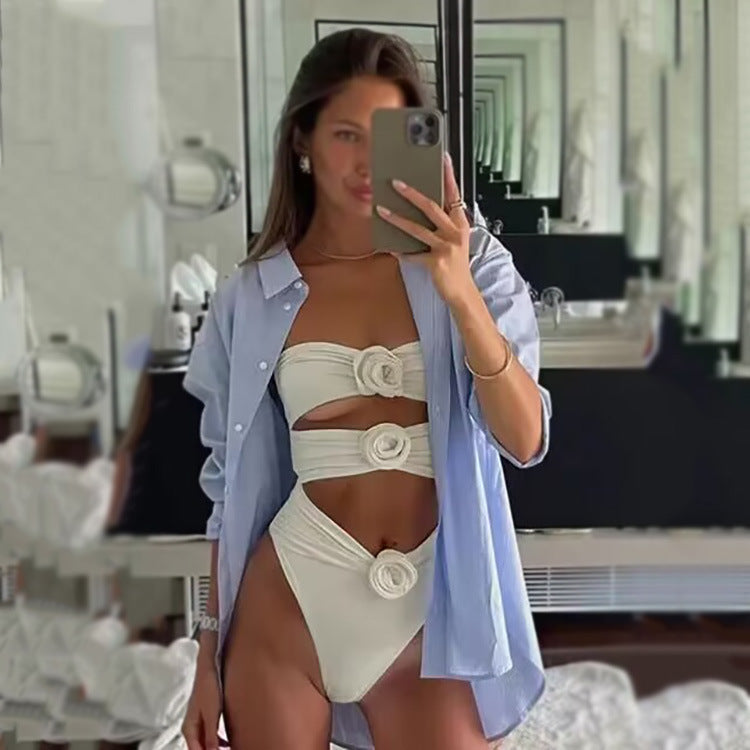 Ladies Hot Spring Three-dimensional Flower BIKINI One-piece Swimsuit - Peek A Boo Undies