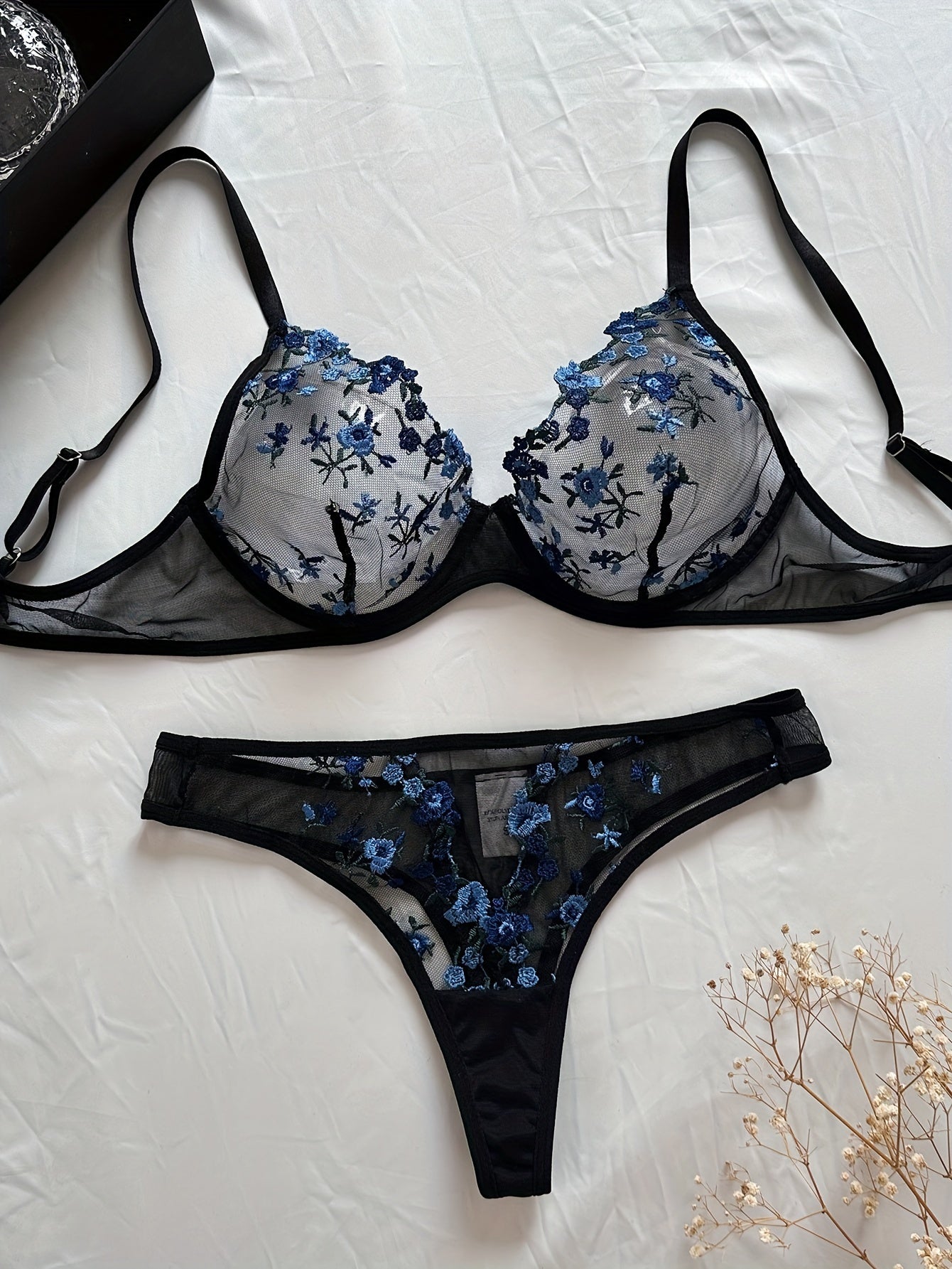 Floral Embroidery Lingerie Set, Mesh Unlined Bra & Thong, Women's Sexy Lingerie & Underwear