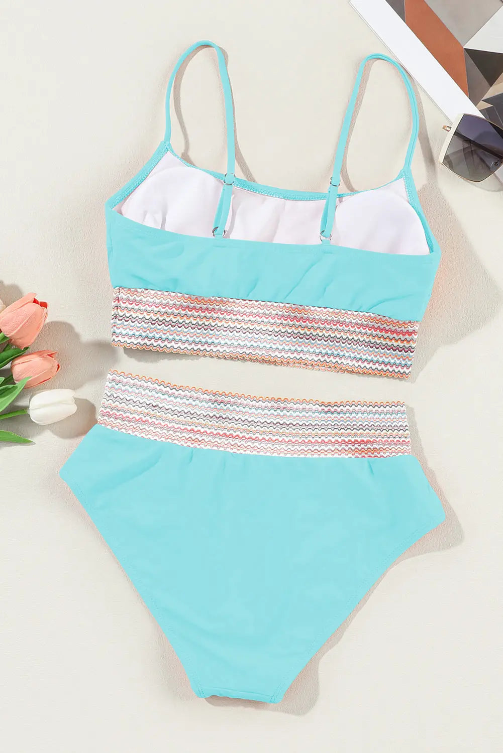 Sky Blue Striped Patchwork Spaghetti Strap High Waist Bikini Swimsuit - Image #12