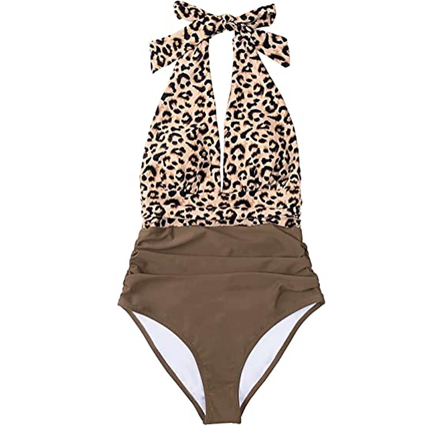 Halter Backless Bikini Waist Print Leopard Print Color Block One-piece Swimsuit For Women