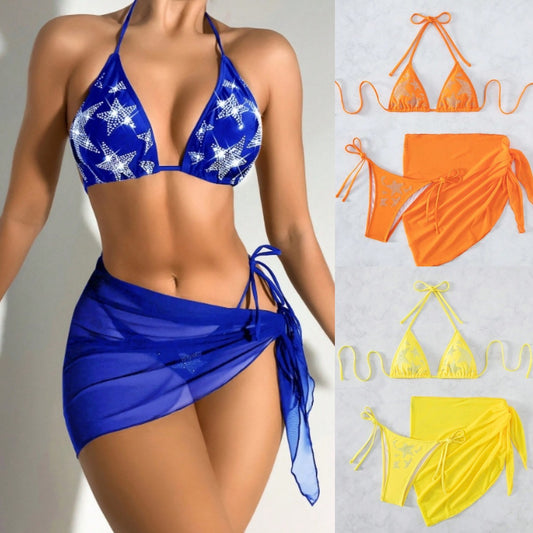 Bikini Swimsuit Rhinestone Gauze Skirt Three-piece Suit Split