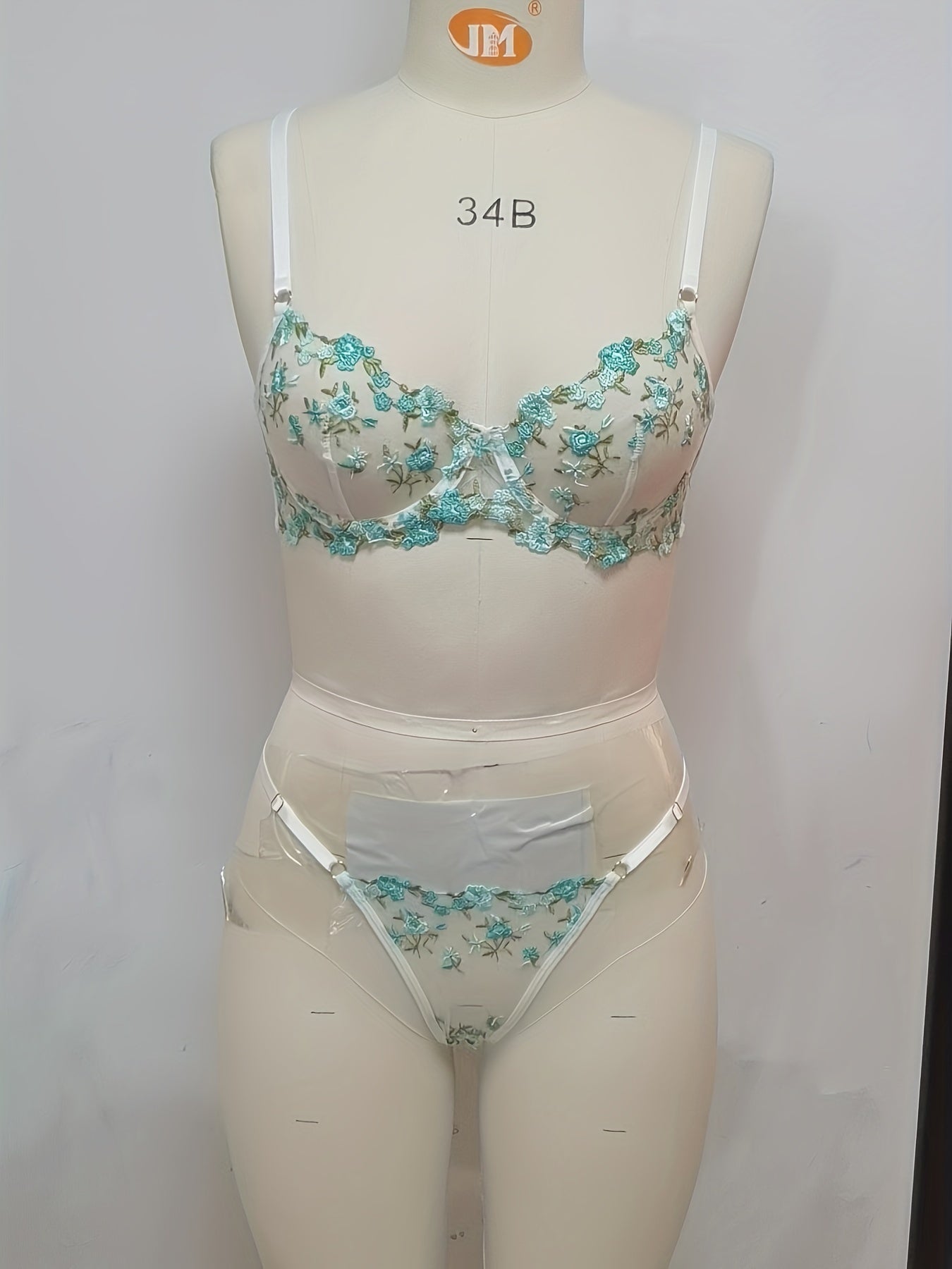 Floral Embroidery Lingerie Set, Mesh Unlined Bra & Sheer Thong, Women's Sexy Lingerie & Underwear