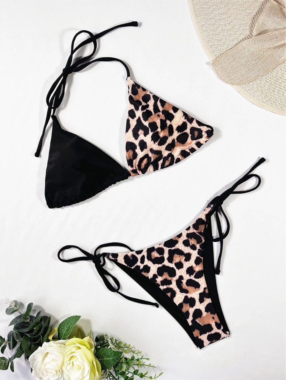 Women's Leopard Print Split Swimsuit Halter Lace-up Bikini Suit