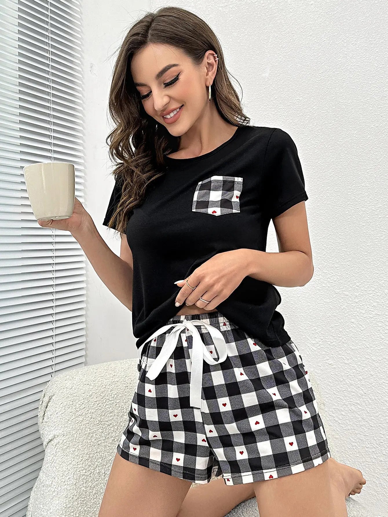 Plaid Heart Top and Shorts Lounge Set - Image #3