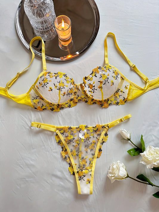 Floral Embroidery Lingerie Set, Mesh Unlined Bra & Sheer Thong, Women's Sexy Lingerie & Underwear