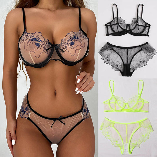 Women's Mesh Embroidered Sheer Lingerie Set