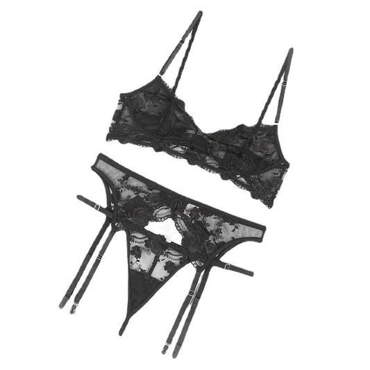 Lace Embroidered Bra, Panties, Garter Belt, Three-piece Suit, Sexy Lingerie - Peek A Boo Undies